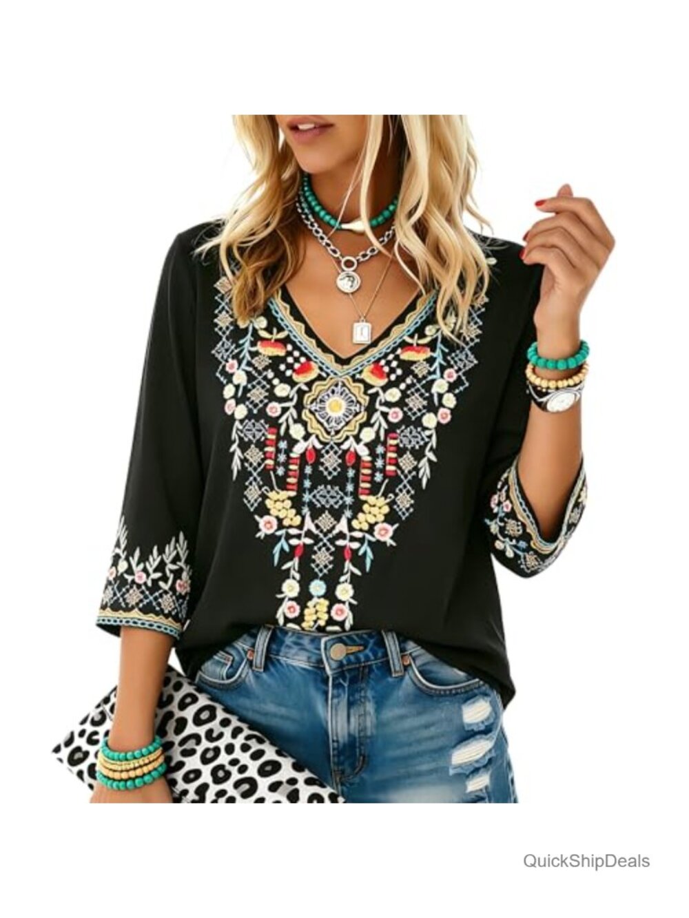 Mexican Embroidered Tunic Top Peasant Blouse 34 Sleeve